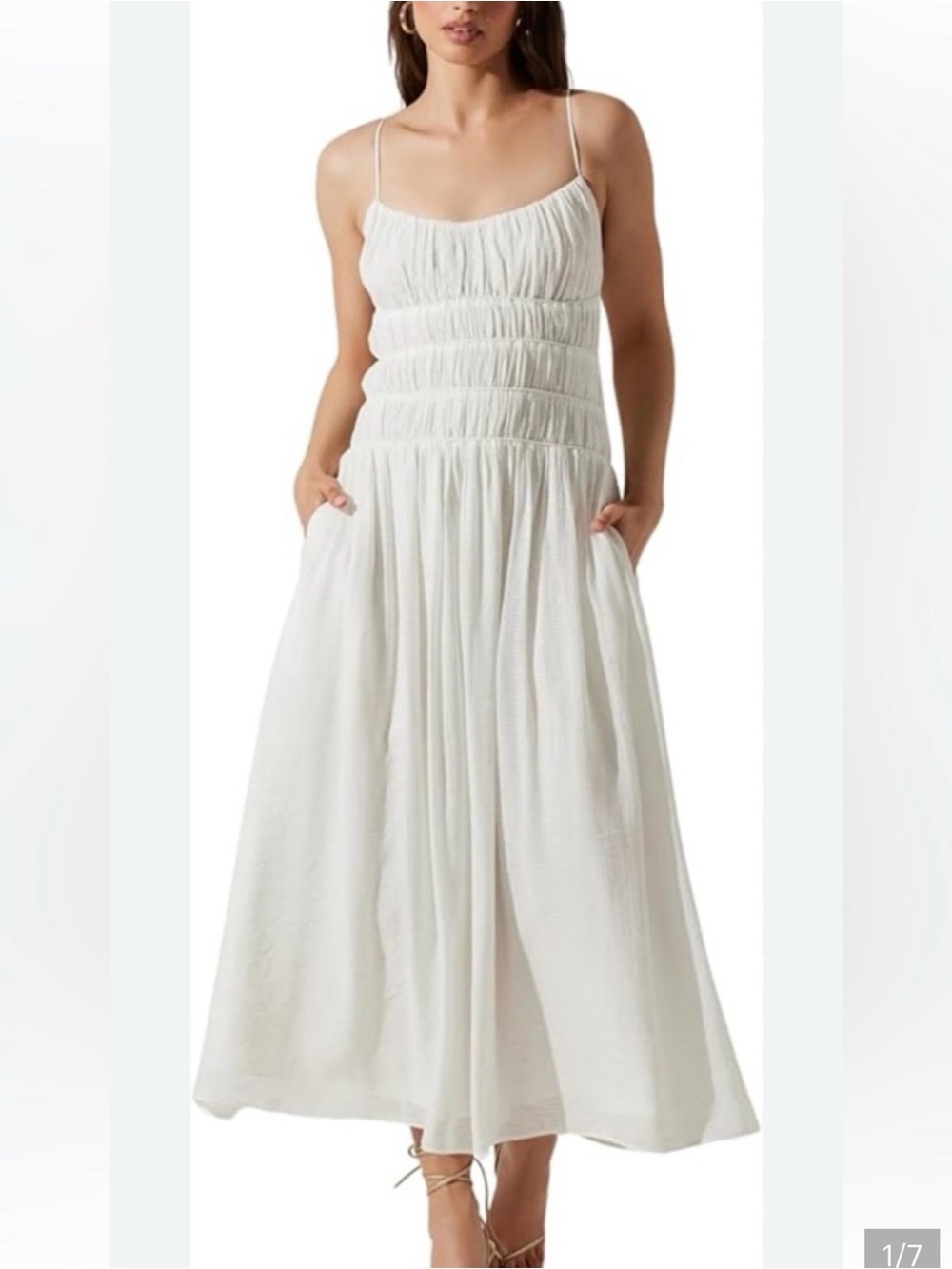 ASTR The Label White Smocked Midi Dress Tie Strap Cotton Size Small NWT